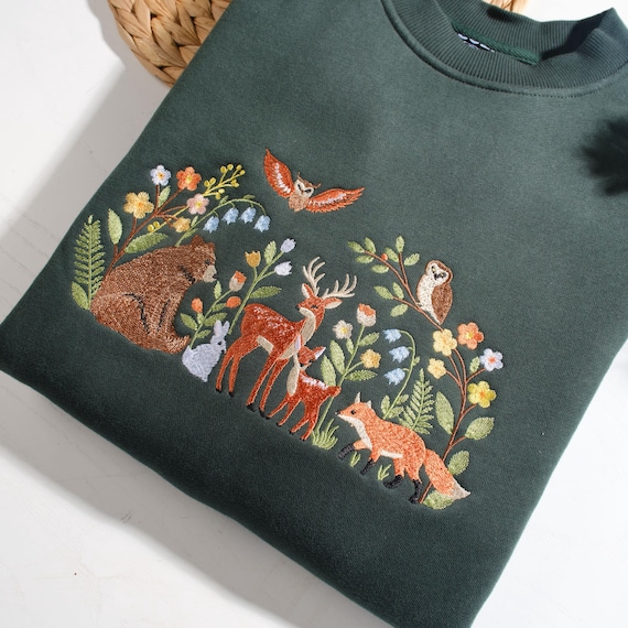 Respect The Locals Woodland Sweatshirt, Embroidered Forest Animal Crewneck, Bear Deer Fox Owl Nature Lover Gift