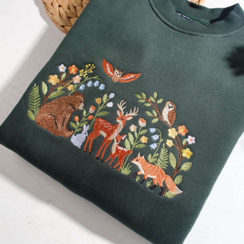 Respect The Locals Woodland Sweatshirt, Embroidered Forest Animal Crewneck, Bear Deer Fox Owl Nature Lover Gift image 1