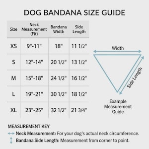 May include: A dog bandana size guide chart with black text on a light background. It lists sizes XS through XL with corresponding neck measurements from 9 to 25 inches, bandana widths from 18 to 32.5 inches, and side lengths from 11.5 to 21.75 inches.