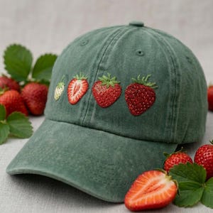 May include: A green baseball cap with embroidered strawberries. The cap features a curved brim and a series of embroidered strawberries in various stages of ripeness. Fresh strawberries and leaves are scattered around the cap.