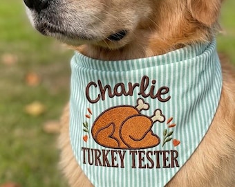 Personalized Thanksgiving Dog Bandana, Turkey Tester Custom Embroidered Pet Scarf, Fall Autumn Puppy Gift, Custom Name Dog Bib