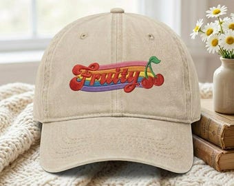 Embroidered Fruit Nonbinary Hat, Cherry Sapphic Baseball Hat, Cute Queer Accessories, Retro Rainbow Washed Cap, Lesbian Gay Pride Gift