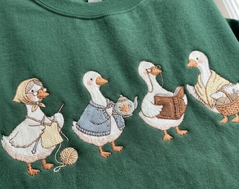 Grandma Goose Embroidered Sweatshirt, Cozy Knitting Duck Crewneck, Cottagecore Grandmother Gift