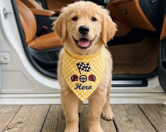 Personalized Racing Dog Bandana, Embroidered Checkered Flag Helmet Pet Scarf, Custom Name Race Day Dog Gift