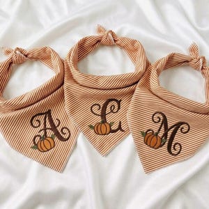 May include: Three triangular pet bandanas made of tan and white striped fabric. Each bandana features a large, dark brown embroidered monogram letter—A, C, or M—intertwined with a small, orange embroidered pumpkin and green leaves.