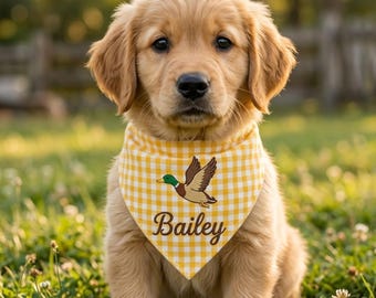 Personalized Mallard Dog Bandana, Yellow Gingham Custom Name Pet Scarf, Embroidered Duck Hunting Puppy Gift