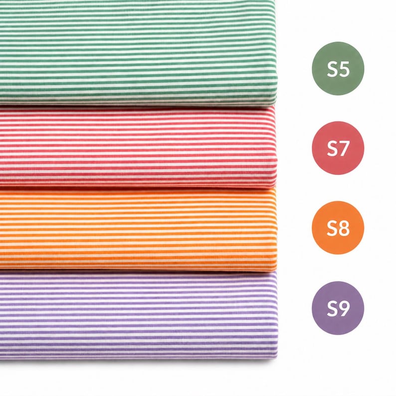 May include: Four folded fabric swatches featuring thin horizontal stripes in green, red, orange, and purple. Each swatch is paired with a corresponding circular color label marked S5, S7, S8, and S9, indicating the specific color variant.