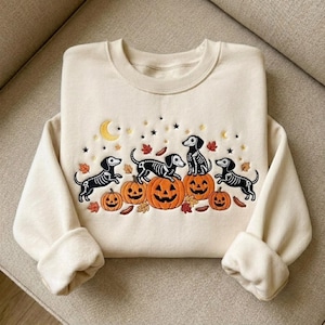 Embroidered Dachshund Halloween Sweatshirt, Skeleton Dog Pumpkin Crewneck, Spooky Pet Lover Fall Sweater, Chihuahua Gift