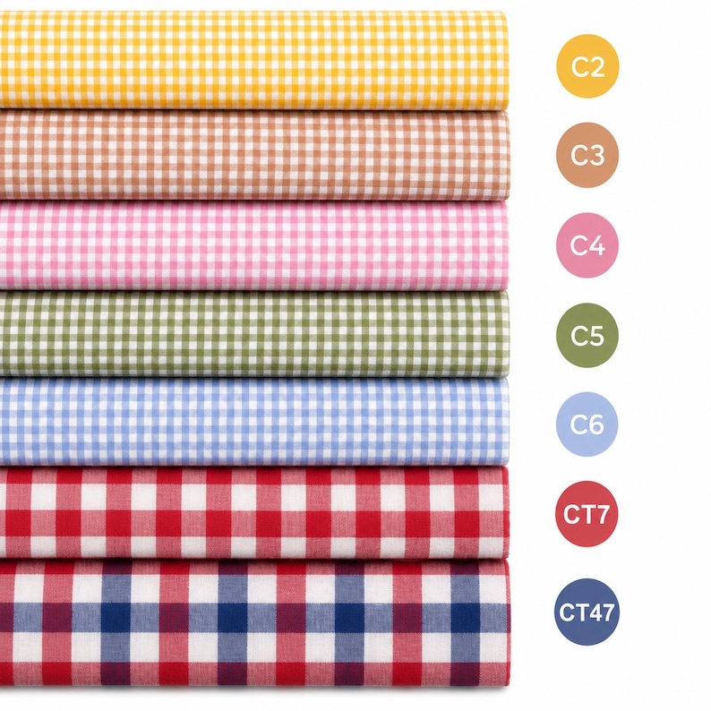 May include: Seven stacked rolls of fabric featuring a gingham check pattern in yellow, tan, pink, green, light blue, red, and a red-and-blue combination. Each roll is labeled with a circular color code icon labeled C2, C3, C4, C5, C6, CT7, and CT47.