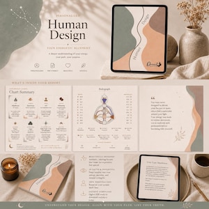 May include: A Human Design report, presented on a tablet and printed pages. The report features charts, bodygraphs, and text, with a neutral colour palette. The words "Human Design" are displayed throughout the design.