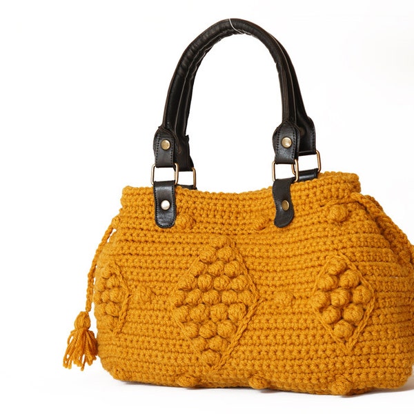 Crocheted Mustard Handbag - Celebrity Style With Genuine Leather Straps / Handles-crochet bag-shoulder bag-hand made