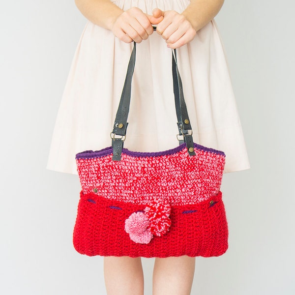 BAG // Red Shoulder bag Celebrity Style With Genuine Leather Handles shoulder bag crochet bag hand made