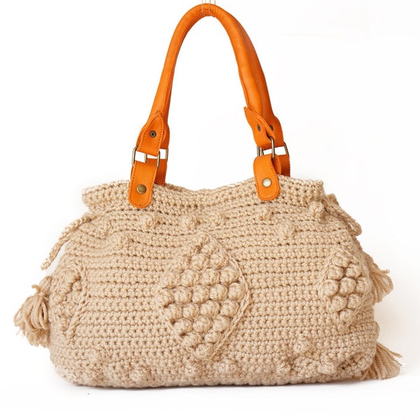 BAG // new season bag  Beige Handbag Celebrity Style With Genuine Leather Straps / Handles shoulder bag-crocheted bag-hand made