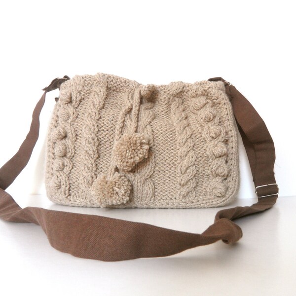 Beige hand knitted messenger bag with adjustable long strap