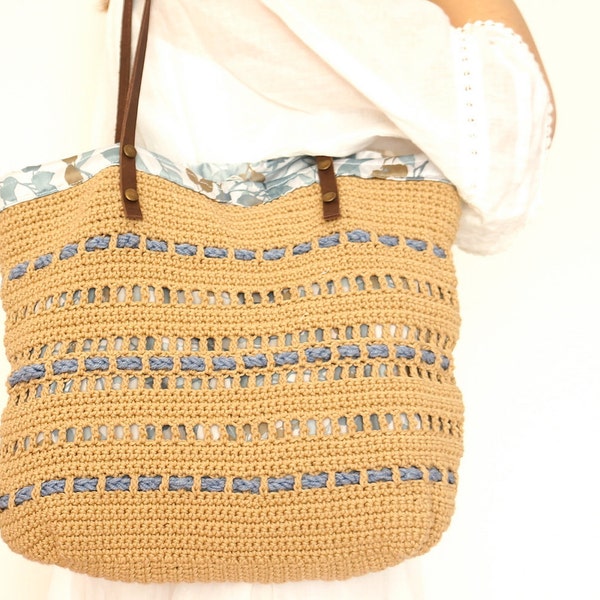 Beige summer bag- Handbag Celebrity Style With Genuine Leather Straps / Handles shoulder bag-crochet bag-hand made