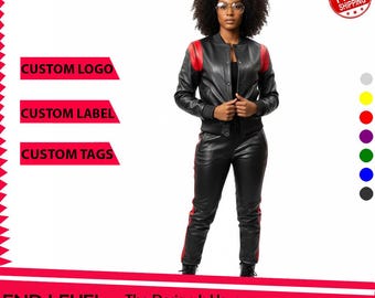 Black & Red Striped PU Leather Tracksuit with Personalized Logo