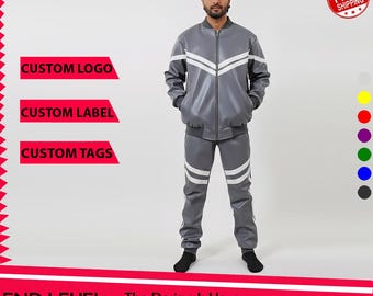Customized handmade PU Leather Tracksuit: Grey & White Stripe Jogging Suit