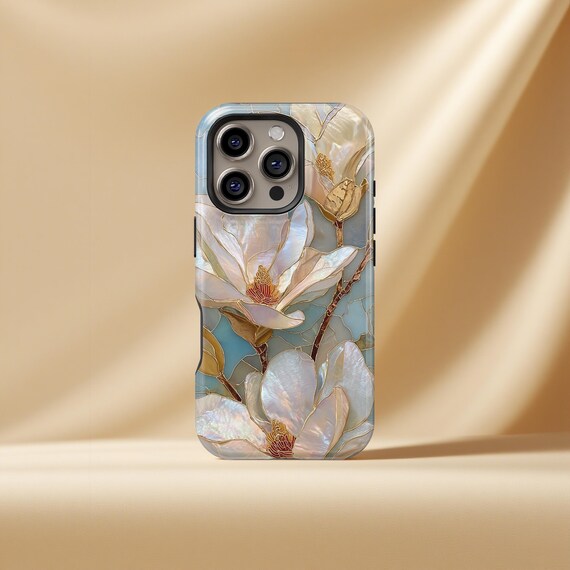 Magnolia Floral Pearl Design Phone Case, iPhone 17 16 15 14 13 12 11 X Pro Mini Max MagSafe Case, Samsung S25 S24 S23 S22 S21 S20 Plus Ultra