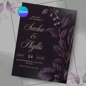 Aesthetic Purple Floral Wedding Invitation Template – Editable Canva Design – Modern Romantic Printable Card