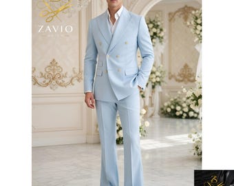 Light Blue 70s Suit Double Breasted Gold Buttons Flared Pants Hellblauer Anzug Costume Bleu Ciel Rétro Prom Wedding Bespoke