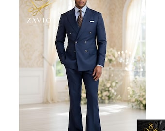Peut inclure: Un costume bleu marine à double boutonnage avec un pantalon évasé. Le costume est orné de boutons dorés et est porté avec une chemise rayée et des chaussures marron. Le logo Zavio Suits est visible.