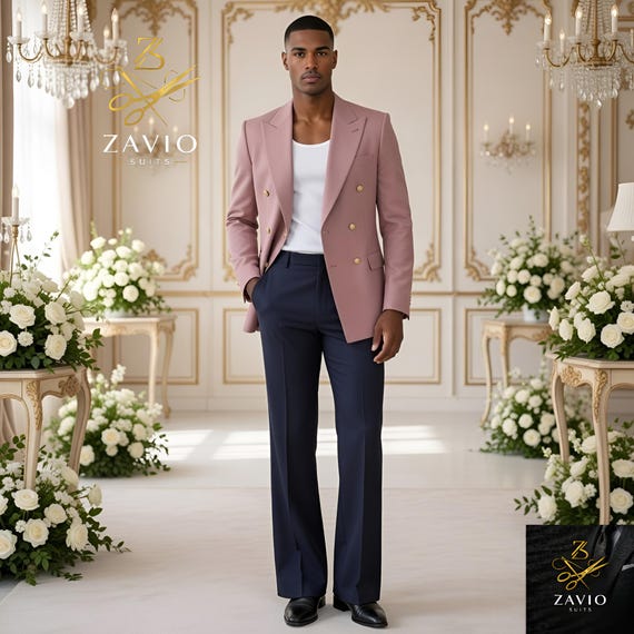 rose gold dress and navy blue suit Pink 70s Double Breasted Flared Pants Tuxedo Rosa Sakko Costume Bicolore Rétro Vintage Prom Wedding Bespoke Fit navy suit with pink dress