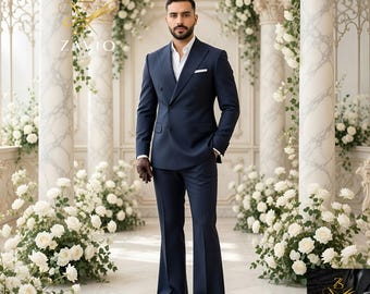 Peut inclure: Un costume bleu marine à double boutonnage avec un pantalon évasé. Le costume est associé à une chemise blanche et des chaussures noires. Le texte "Zavio Suits" est visible.