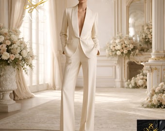 May include: Ivory-colored suit with a shawl collar blazer and wide-leg pants. The suit is worn by a person standing in a room with floral arrangements and a chandelier. The Zavio Suits logo is in the bottom right corner.