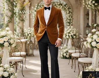 Gold Velvet Jacket Shawl Lapel Gelber Samtanzug Costume Velours Doré Rétro 70s Prom Wedding Boho Tuxedo