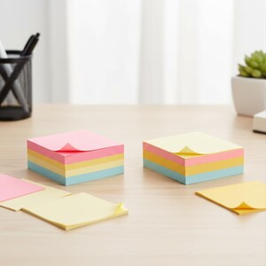May include: Two square stacks of adhesive notes, each featuring layers of pink, yellow, and light blue paper. Several individual notes in pink and yellow are spread out in the foreground, with the top sheets slightly curled at the corners.