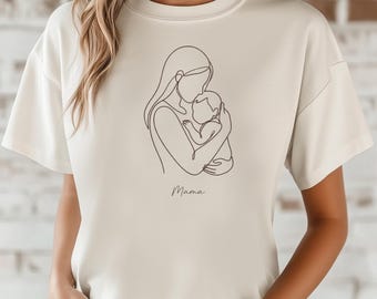Minimalist Mama Line Art T-Shirt: Mother Child Outline Tee