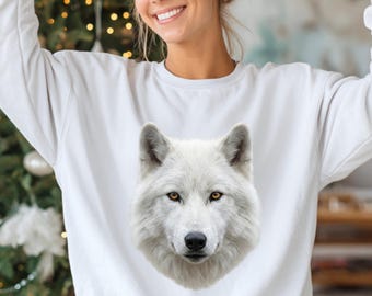 White Wolf Head Sweatshirt: Arctic Wildlife Animal Portrait Crewneck