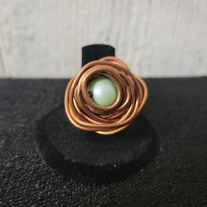 Bird&#39;s Nest Copper Statement Ring – Light Teal Pearl Egg Centerpiece