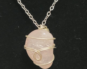 Tumbled and Polished Handmade Quartz Necklace – Faux Silver Wire-Wrapped Crystal Pendant