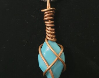 Turquoise Handmade Bead Pendant – Raw Copper Wire-Wrapped with Braided Cord