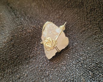 Raw Rose Quartz Handmade Wrapped in Faux Silver Rose Wire Wrap