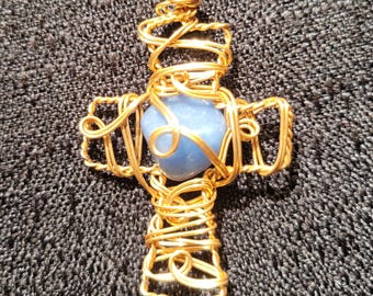 Gold Handmade Wire Wrapped Cross Pendant: Blue Quartz Center, Boho Spiritual Jewelry