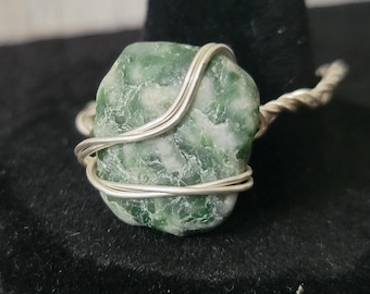 Tree Agate Wire-Wrapped Ring – Faux Silver Wire Handmade Gemstone Jewelry