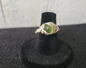Handcrafted Green Cat Eye Bead Ring - Faux Silver Wire Wrapped