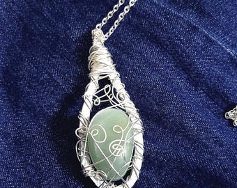 Silver Colored Handmade Wire Wrapped Necklace with Green Emerald