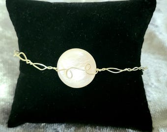 Circular Pink Iridescent Shell Bead Handmade Bracelet | Faux Silver Wire Wrapped