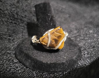 Tiger's Eye Stone Handmade Wire Wrapped Ring Wrapped in Faux Silver