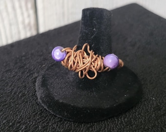Copper Wire-Wrapped Cicada Ring – Purple Cat Eye Bead Eyes | Handmade Insect-Inspired Jewelry