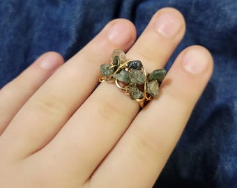Fun Handmade Wire Wrapped Gold Colored Ring with Natural Green Stones
