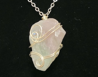 Raw Green & Purple Fluorite Handmade Necklace – Faux Silver Wire-Wrapped Crystal Pendant