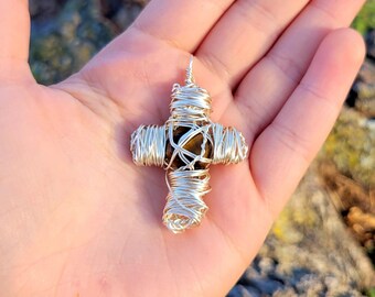 Handmade Silver Colored Cross Pendant with a Natural Tiger's Eye Stone