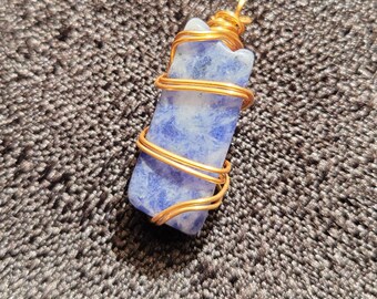 Lapis Lazuli Handmade Pendant Wrapped in Faux Gold Wire