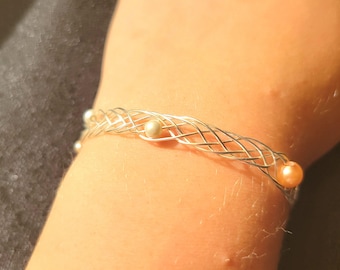 Weaved Handmade Wire Cuff Bracelet with Small Various Pearls