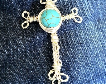 Silver Colored Hand Wrapped Wire Cross Pendant with Turquoise Center