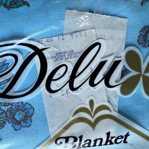 K&ouml;nnte beinhalten: Nahaufnahme einer Vintage-Deckenverpackung mit dem Wort "Deluxe" in Schreibschrift. Die Verpackung enth&auml;lt ein gold-wei&szlig;es Blumendesign und das Wort "Blanket". Der Hintergrund ist ein hellblauer Stoff mit floralen Mustern.